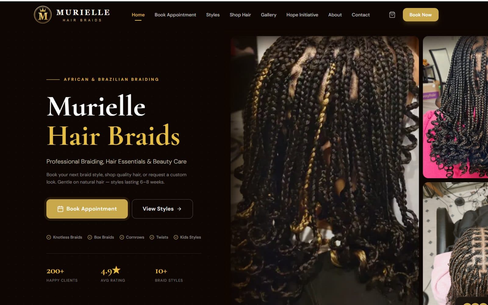 Murielle Hair Braids homepage with braid photography, services, and booking call to action