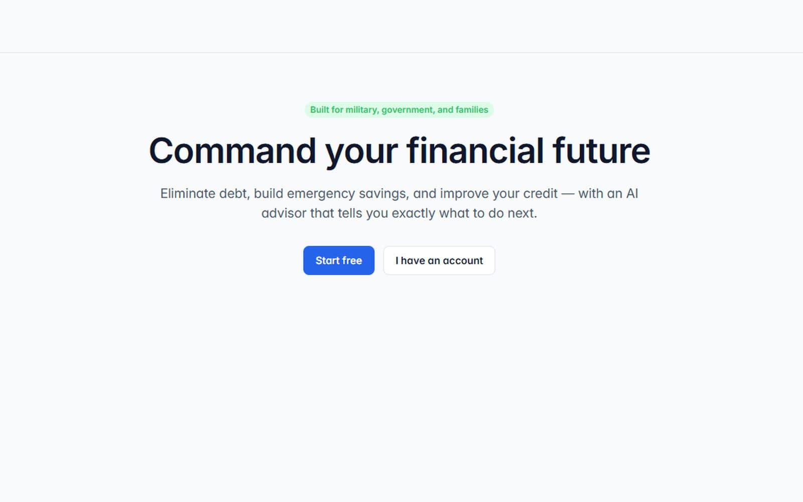 MyFreedomOps landing page — command your financial future, built for military, government, and families