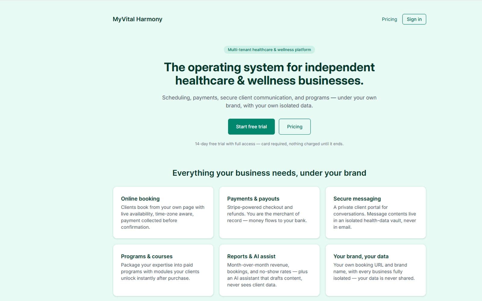 MyVital Harmony landing page — the operating system for independent healthcare and wellness businesses