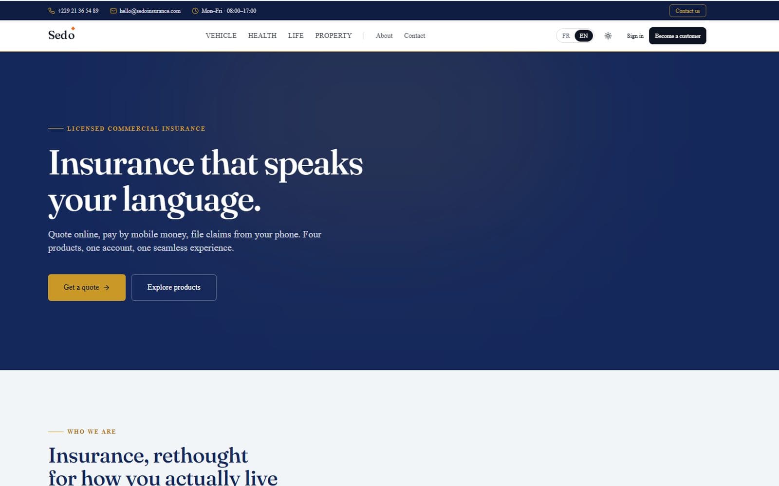 Sedoinsurance homepage — quote online, pay by mobile money, file claims from your phone